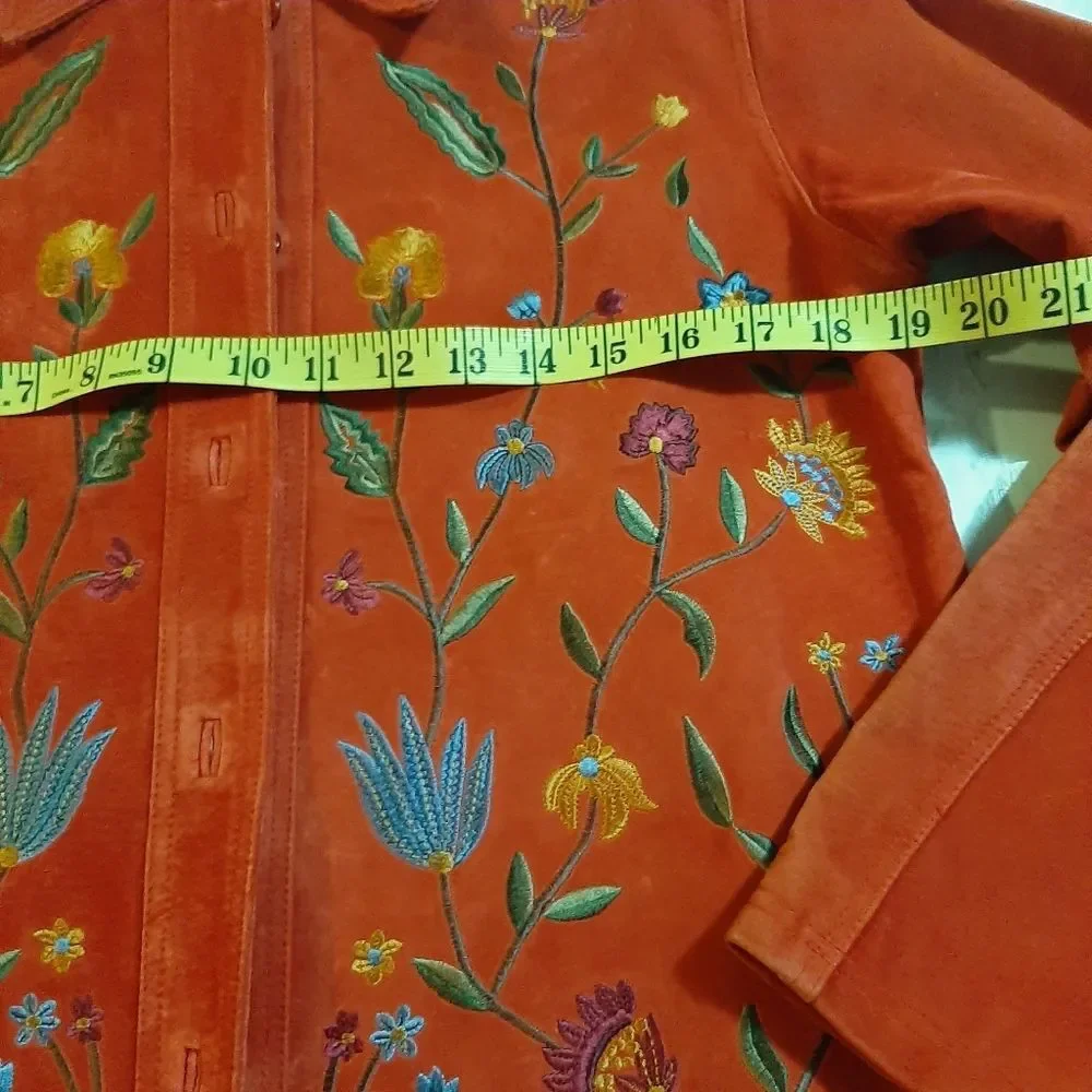 Brandon Thomas Cottagecore Red Orange Suede Novelty Floral Leather Jacket Small - Picture 7 of 13